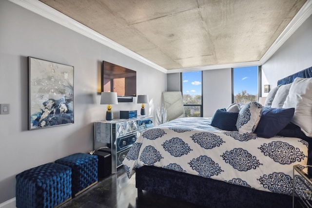 bedroom with expansive windows, ornamental molding, and concrete floors