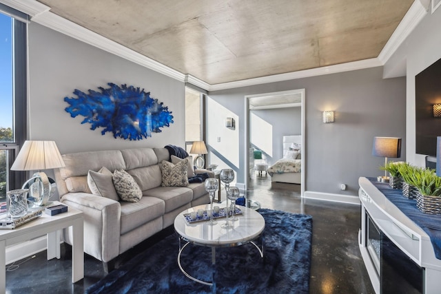 living room featuring crown molding