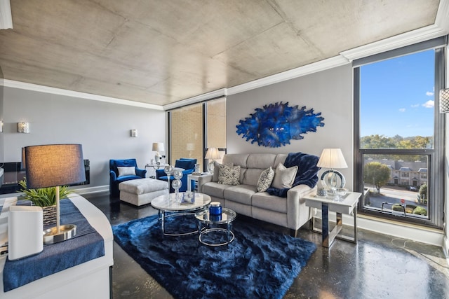 living room featuring concrete flooring, ornamental molding, and a wall of windows