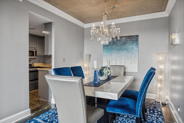 dining area featuring ornamental molding and a notable chandelier