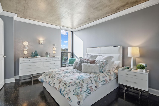 bedroom with expansive windows and ornamental molding