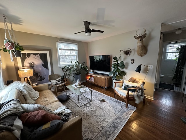 living room featuring dark wood-type flooring and ceiling fan