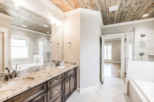 full bath with a sink, a garden tub, wood ceiling, and crown molding