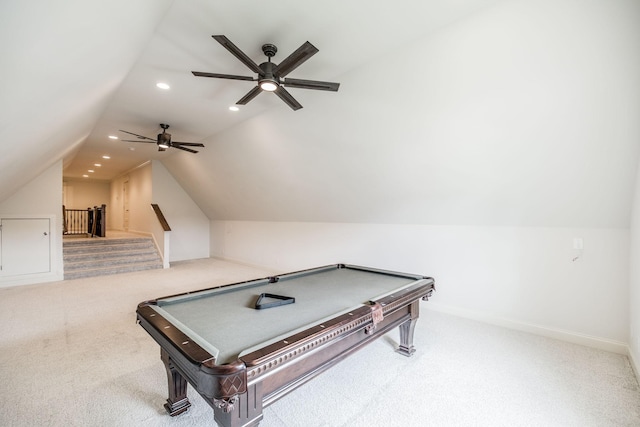 game room featuring carpet floors, recessed lighting, vaulted ceiling, and billiards