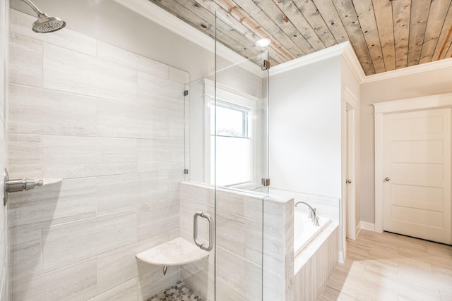 full bath with a bath, ornamental molding, a shower stall, and wood ceiling