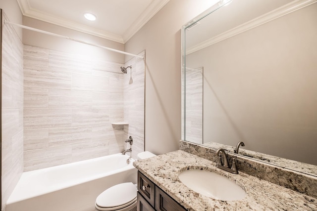 bathroom featuring shower / tub combination, crown molding, vanity, and toilet