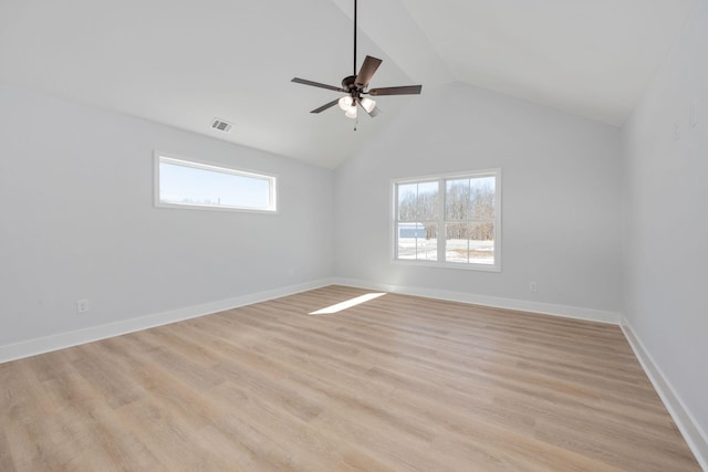 unfurnished room featuring visible vents, light wood-style flooring, ceiling fan, and lofted ceiling