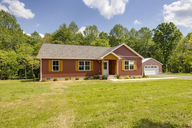 single story home featuring crawl space, a garage, a front lawn, and gravel driveway