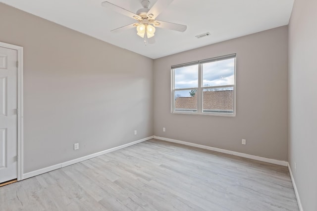 empty room featuring ceiling fan and light hardwood / wood-style flooring