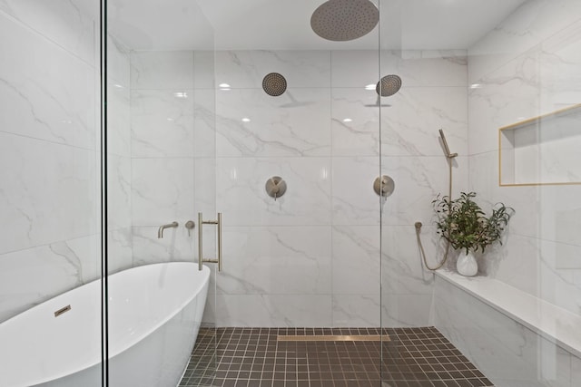 bathroom with tile walls and plus walk in shower