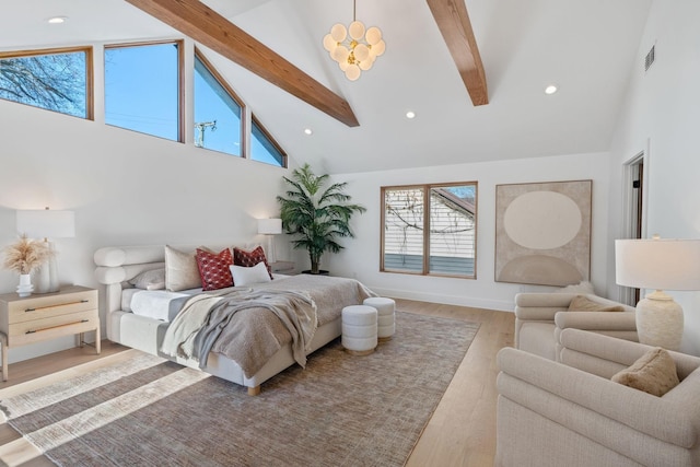 bedroom with high vaulted ceiling, a notable chandelier, beam ceiling, and light hardwood / wood-style floors