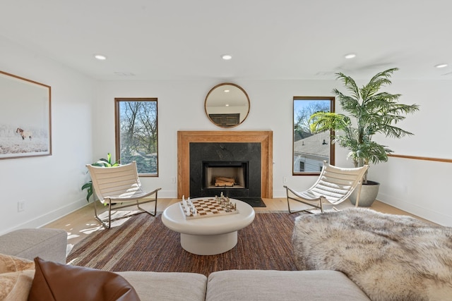 living room with a premium fireplace