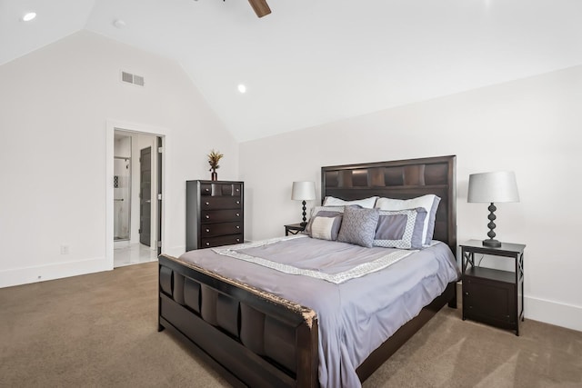 carpeted bedroom with lofted ceiling, recessed lighting, a ceiling fan, visible vents, and baseboards