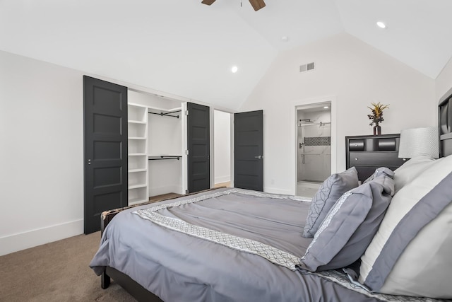 bedroom with baseboards, visible vents, connected bathroom, a ceiling fan, and carpet floors