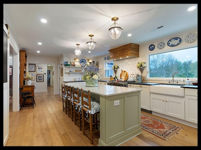 kitchen featuring light wood-style flooring, stove, a sink, visible vents, and custom range hood