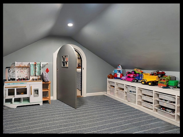 rec room with lofted ceiling, recessed lighting, carpet, and baseboards