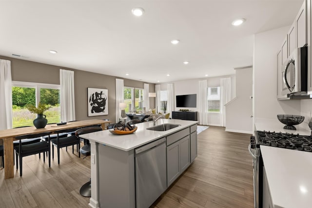 kitchen with gray cabinets, appliances with stainless steel finishes, sink, a kitchen island with sink, and light hardwood / wood-style floors