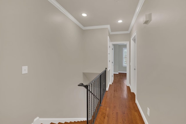 hall featuring hardwood / wood-style floors and ornamental molding