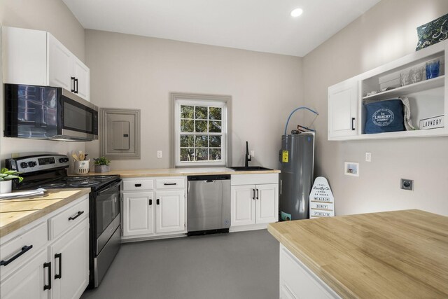 kitchen featuring sink, stainless steel appliances, electric water heater, electric panel, and white cabinets