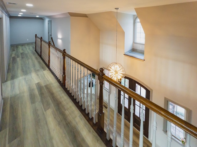 corridor featuring an inviting chandelier, dark hardwood / wood-style floors, and a high ceiling