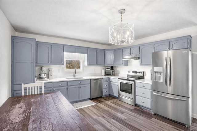 kitchen with pendant lighting, sink, stainless steel appliances, dark wood-type flooring, and an inviting chandelier