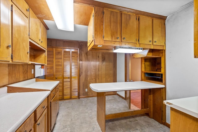 kitchen featuring wood walls