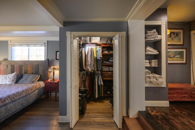 bedroom featuring a spacious closet, a closet, wood finished floors, and baseboards