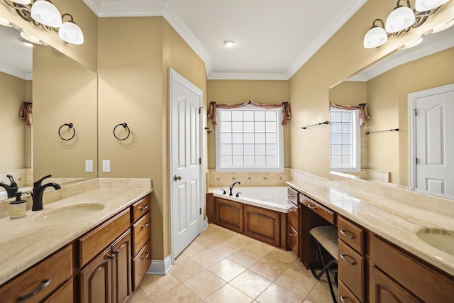 bathroom featuring crown molding, tile patterned floors, vanity, and a bath