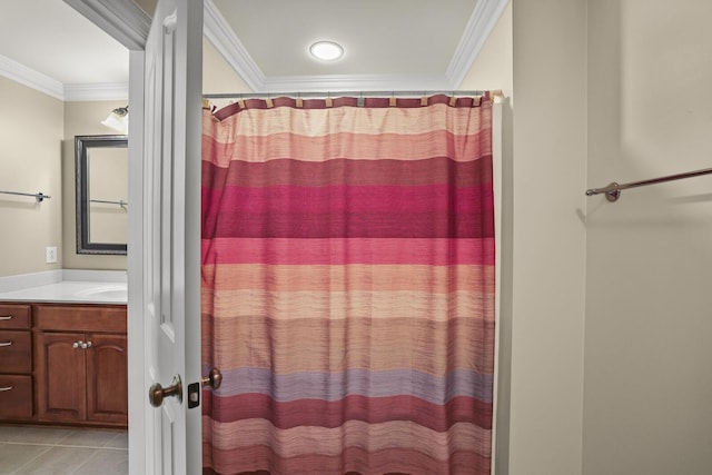 bathroom with tile patterned flooring, vanity, ornamental molding, and a shower with shower curtain