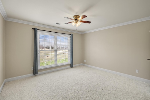 unfurnished room featuring crown molding, ceiling fan, and carpet flooring