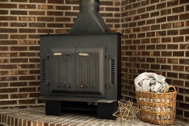 interior details featuring a wood stove