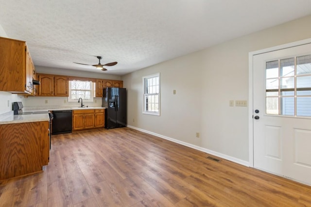 kitchen with sink, hardwood / wood-style flooring, ceiling fan, black appliances, and a textured ceiling