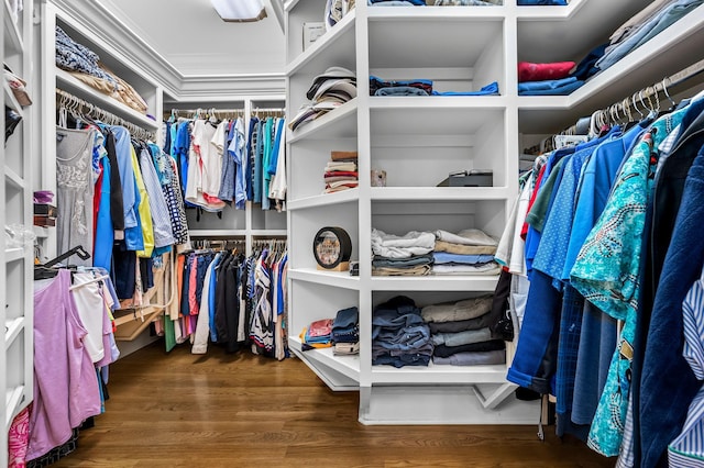 spacious closet with dark hardwood / wood-style flooring