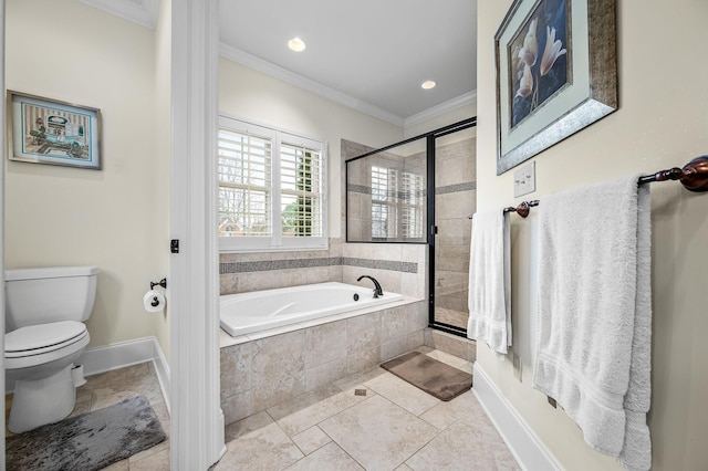 bathroom with ornamental molding, shower with separate bathtub, and toilet