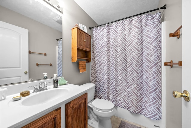 full bathroom with vanity, shower / bath combo with shower curtain, a textured ceiling, and toilet