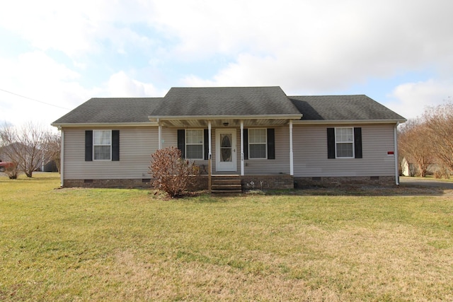 single story home featuring covered porch and a front lawn