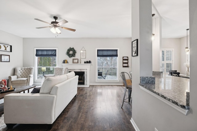 living room with ceiling fan, a fireplace, and dark hardwood / wood-style flooring