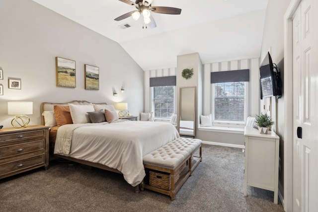 carpeted bedroom featuring ceiling fan and vaulted ceiling