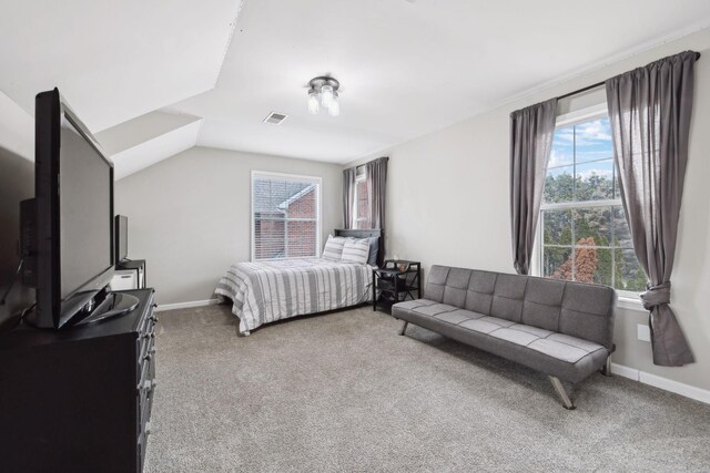 bedroom featuring lofted ceiling and carpet