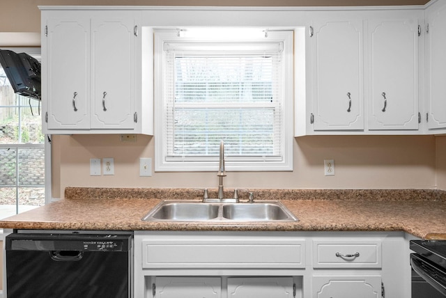 kitchen featuring white cabinets, sink, and black appliances