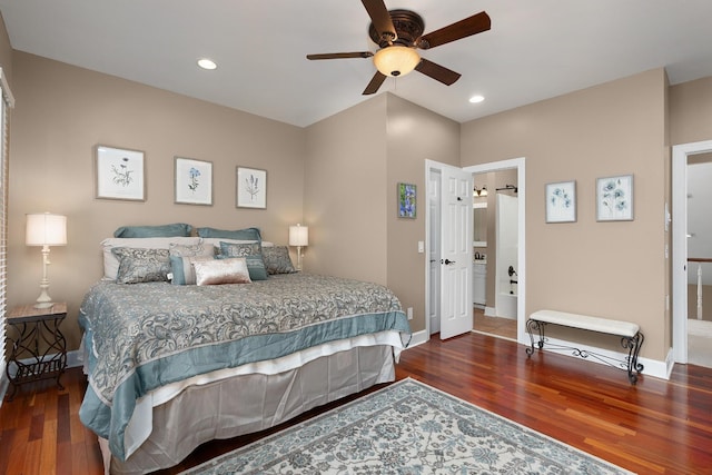 bedroom with dark hardwood / wood-style flooring and ceiling fan