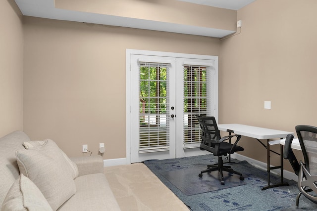 office space featuring carpet flooring and french doors