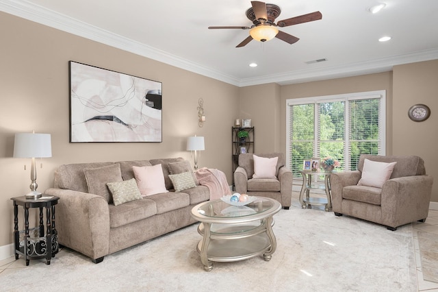 living room featuring ornamental molding and ceiling fan