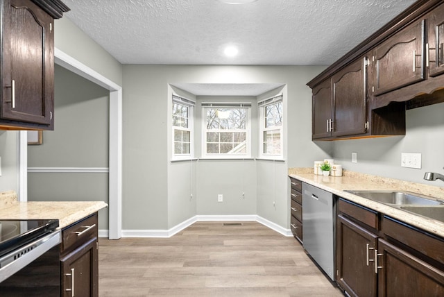 kitchen featuring stainless steel dishwasher, dark brown cabinetry, and light hardwood / wood-style floors