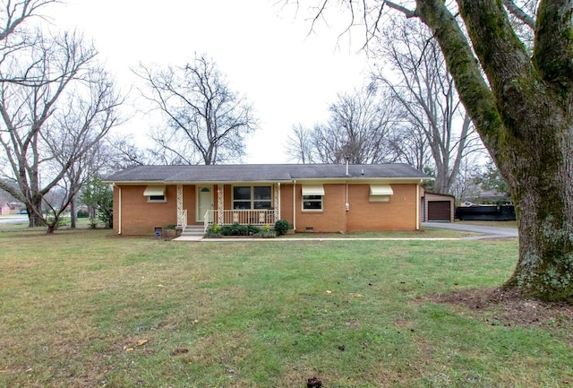 ranch-style house with a porch, a garage, and a front lawn