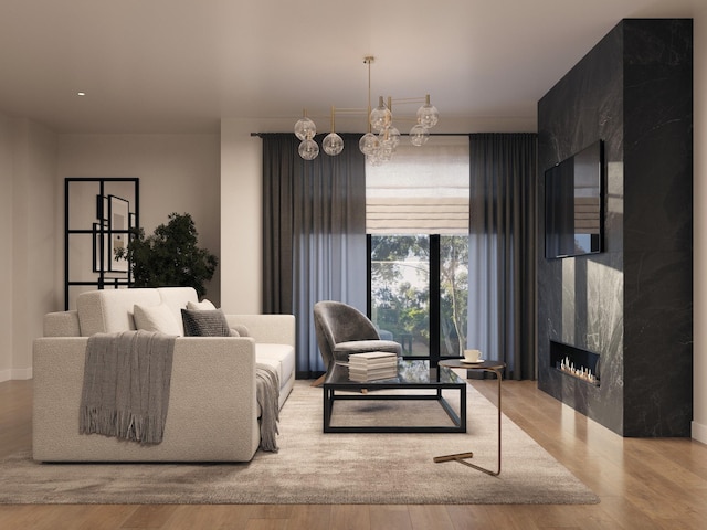 living room with light wood-type flooring and a high end fireplace