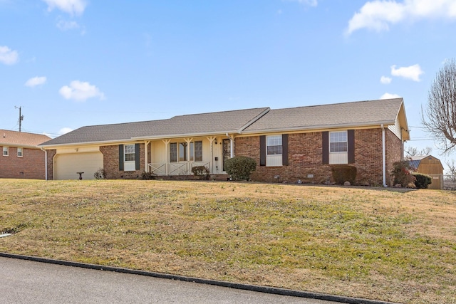 single story home with a garage, a porch, and a front yard