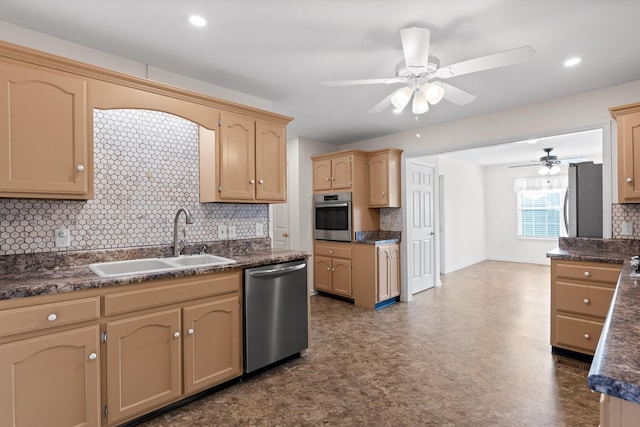 kitchen featuring sink, ceiling fan, stainless steel appliances, decorative backsplash, and light brown cabinets