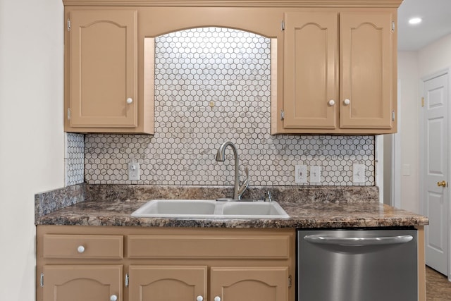 kitchen with dishwasher, sink, and light brown cabinetry