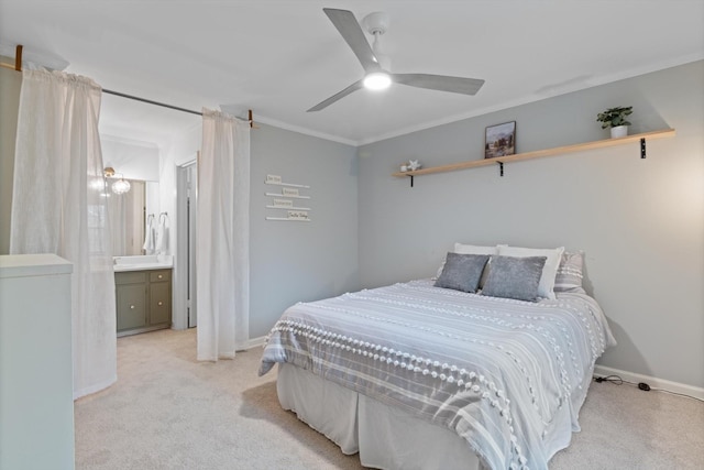 bedroom with light carpet, crown molding, and ceiling fan